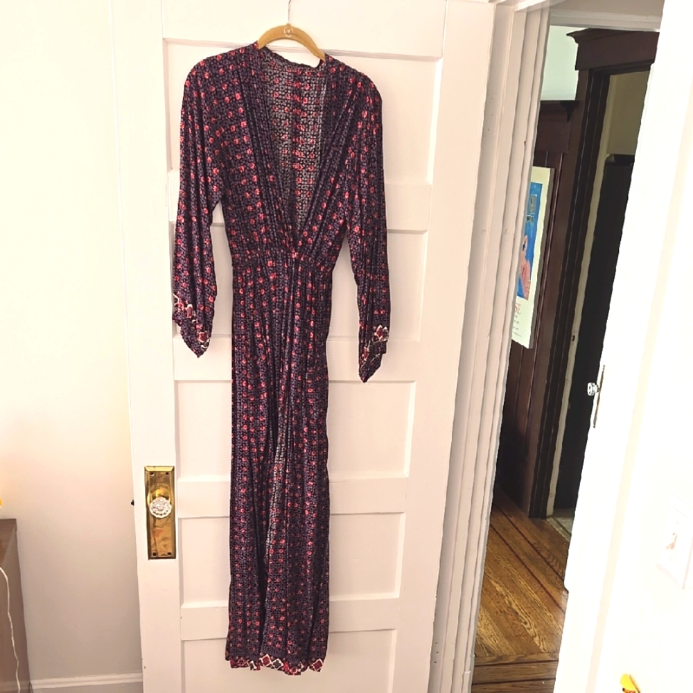 Purple and Red Patterned Maxi Length Robe